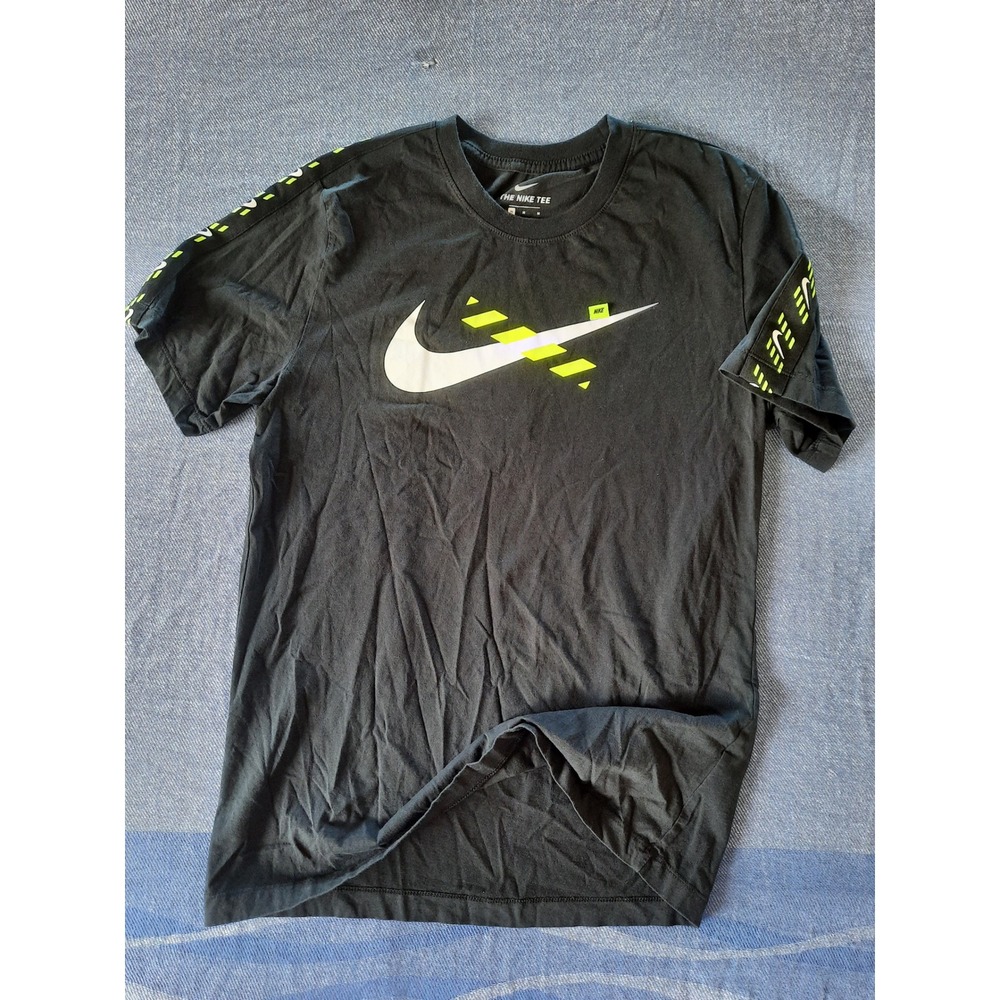 Nike Mens Graphic T-Shirt Black Neon Green Swoosh Big Logo Tape Sleeve Medium